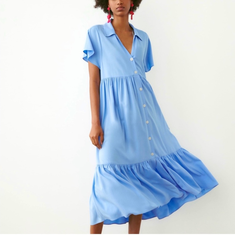 Zara Blue Tiered Maxi Button Dress